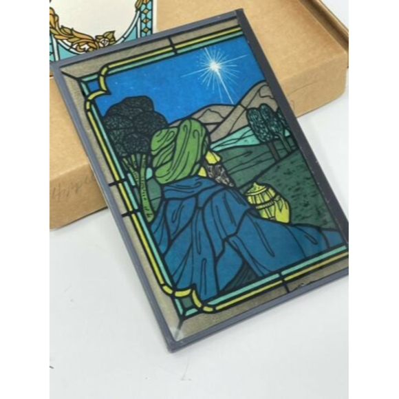 Vtg Joy to the‎ World Christmas Yorkcraft Stained Glass 10x7 Seriglass Holiday - Picture 6 of 12